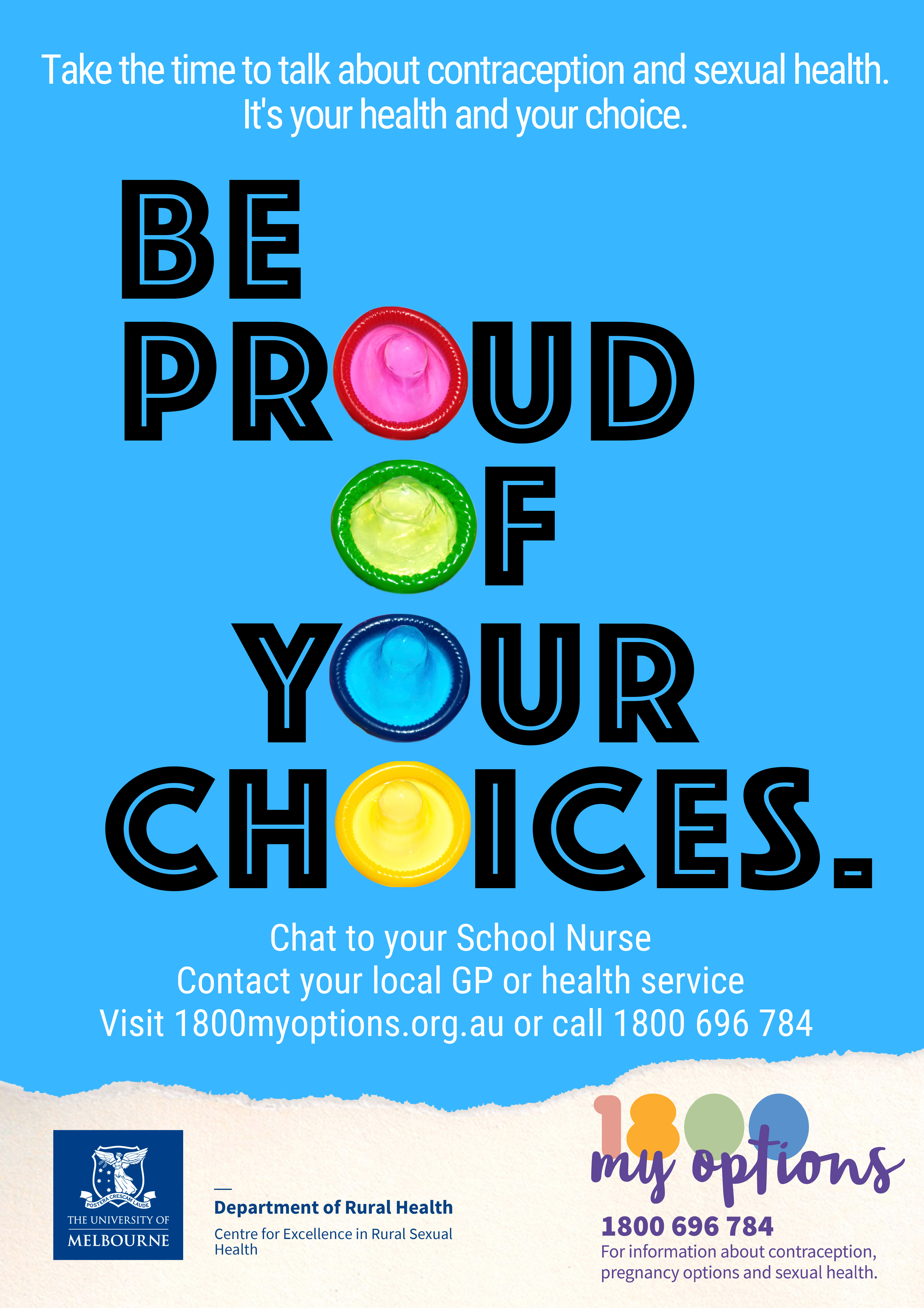 Blue poster with heading "Be Proud of your choices" 
