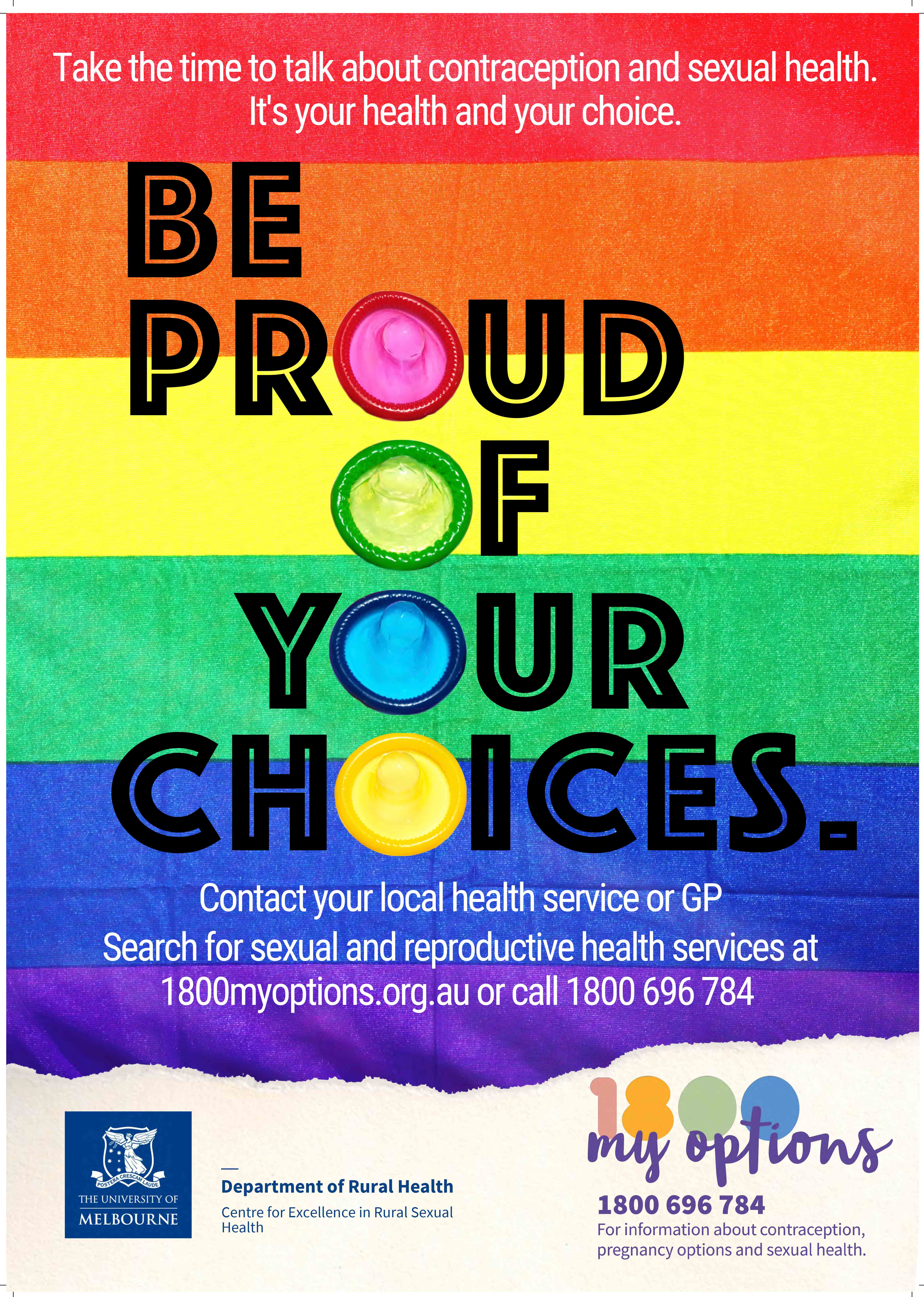 Poster of rainbow flag with text "Be Proud of your choices"