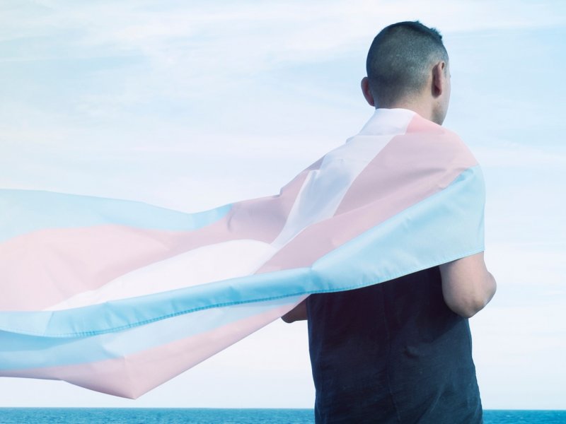 Photo of a person facing away with a trans flag over their shoulders