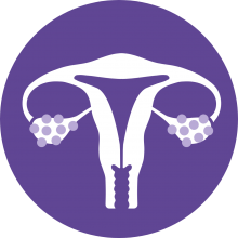 Graphic of an ovary with cysts on purple background