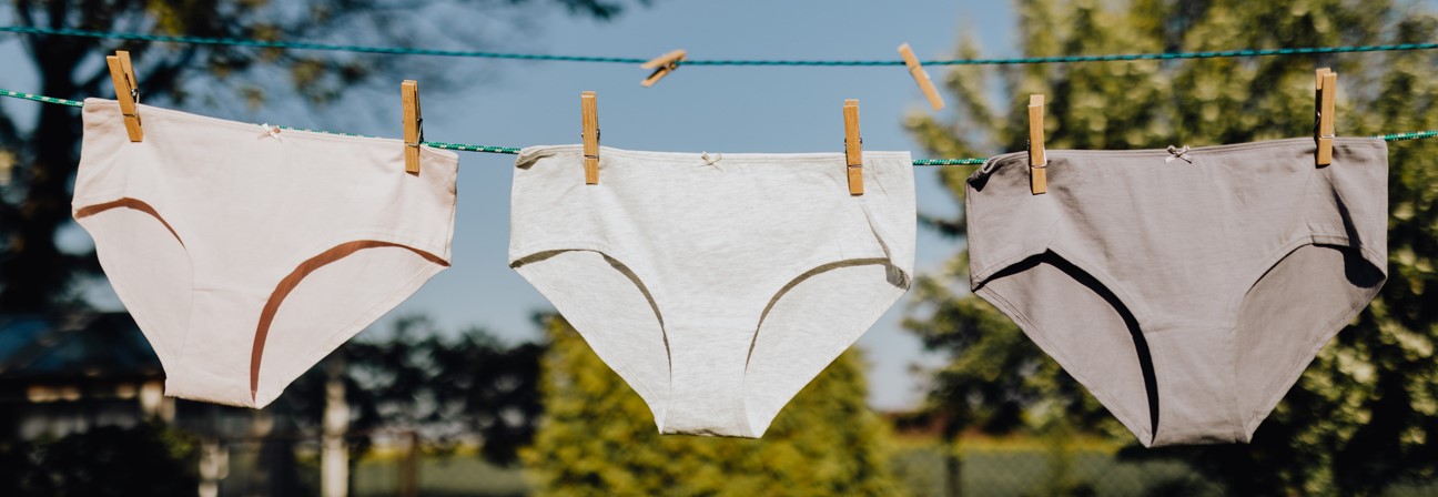 Photo of three pairs of underwear hanging on a clothes line