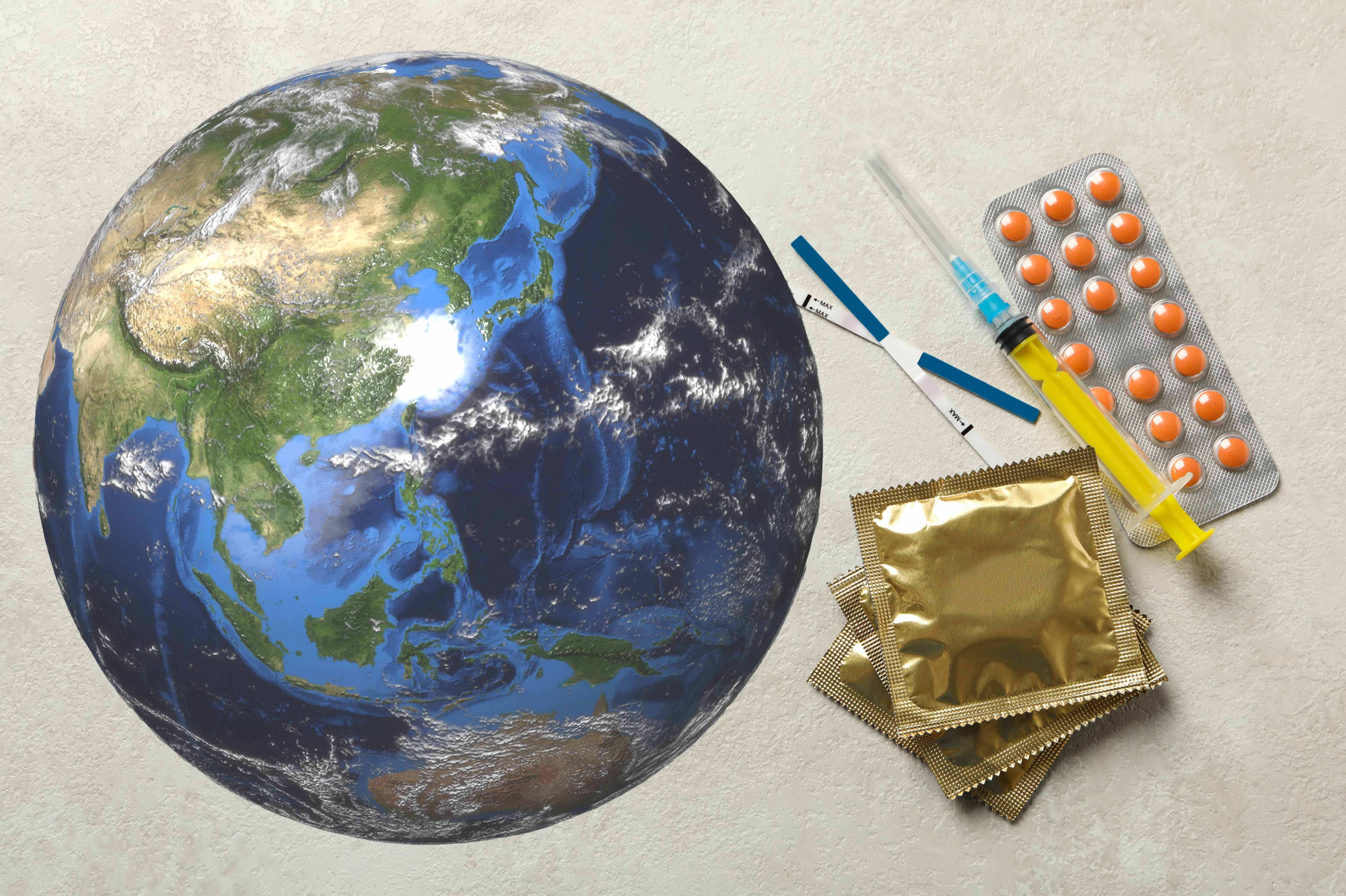 Photo of contraception methods and a world globe